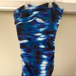 Strapless mermaid like swirly blue chiffon dress